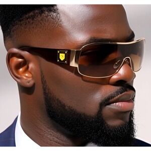 Shield Sunglasses Gold Accents UV400 Protection Designer Style‎ Brown Lens UV400